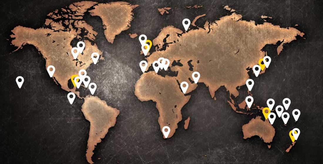 World Map - Dive Support Bases and Popular Travel Locations
